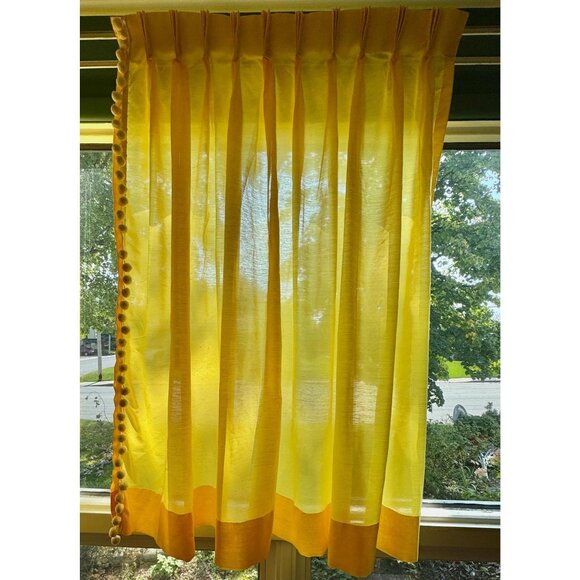 Vintage 1970s curtain, bright yellow pompoms, kitsch decor, pleated, per panel - Picture 3 of 10